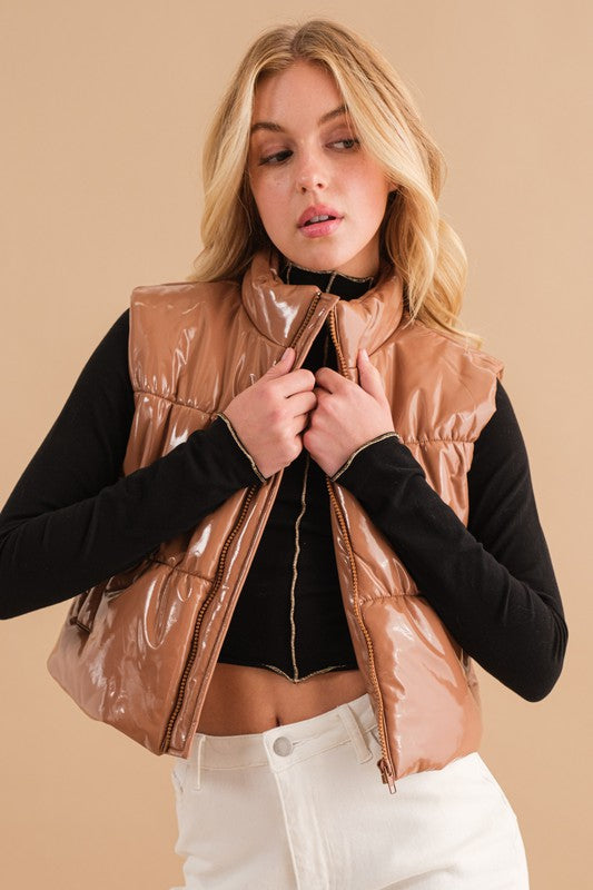 Gloss Shiny Quilted Puffer Zip Up Crop Vest