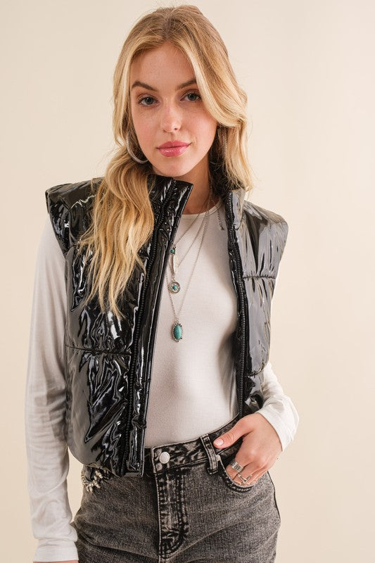 Gloss Shiny Quilted Puffer Zip Up Crop Vest