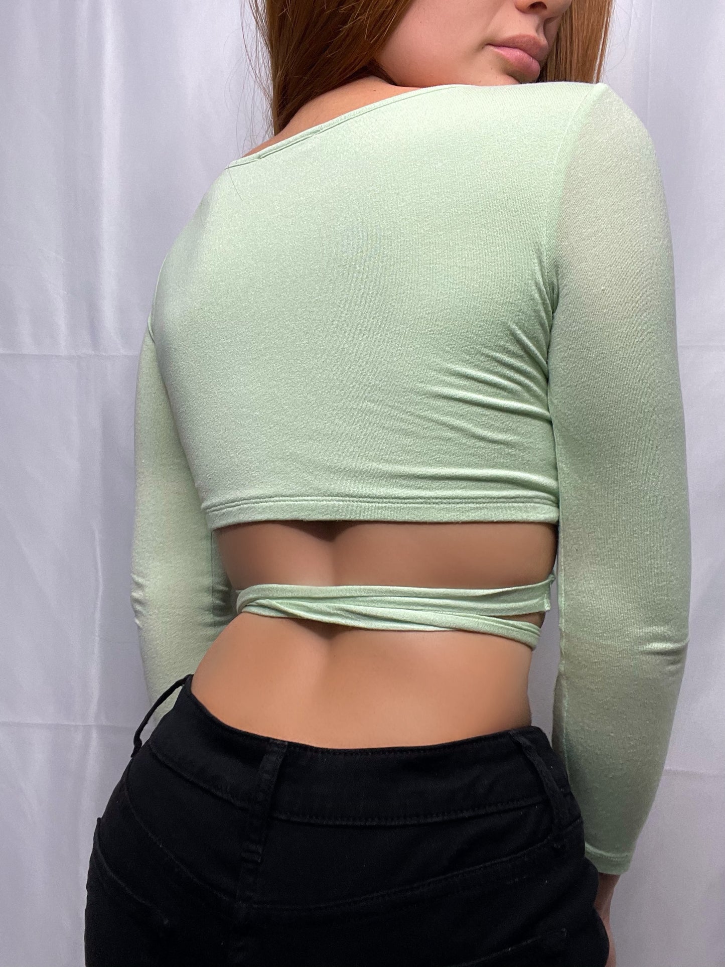 Lacey Wrap Long Sleeve Crop Top (Sage)